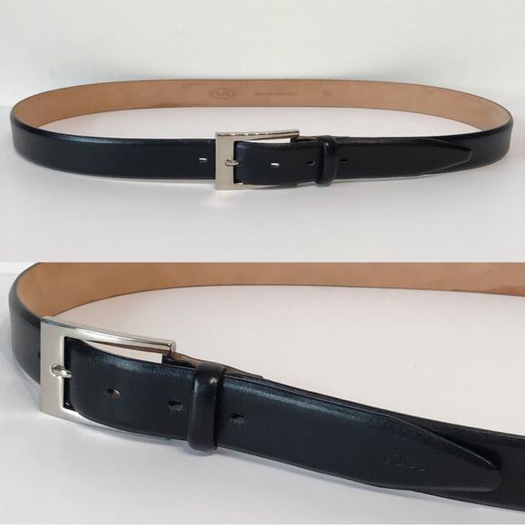 Tods Black Leather Tapered Embossed Logo Tip Dress Belt Silver Square 110 43.3 - Picture 1 of 16